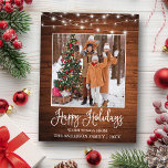 Fun Calligraphy Rustic Wood Lights Photo Holiday Postcard<br><div class="desc">Modern Fun Calligraphy Script Happy Holidays Family Photo Holiday Postcard - Rustic Country Wood with String Lights</div>