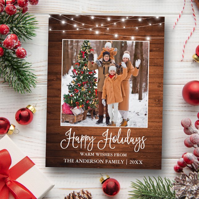 Fun Calligraphy Rustic Wood Lights Photo Holiday Postcard (Customize to change your personalized text size or text style.)
