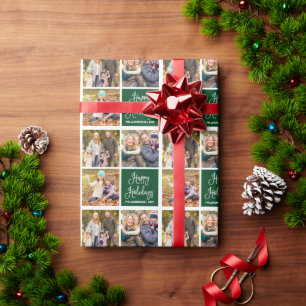 Fun Calligraphy Script Holiday 3 Photo Green Wrapping Paper