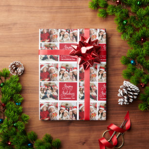 Fun Calligraphy Script Holiday 3 Photo Red Wrapping Paper
