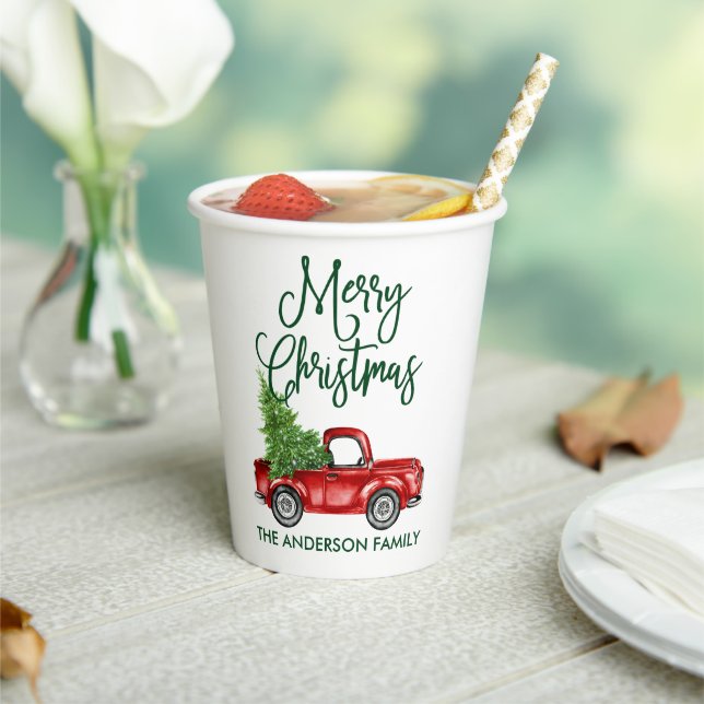 Fun Calligraphy Vintage Truck Green Christmas Paper Cups (Insitu)