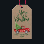 Fun Calligraphy Vintage Truck Kraft Christmas Gift Tags<br><div class="desc">Modern Fun Calligraphy Script Watercolor Vintage Red Truck with Christmas Tree Kraft Gift Tag - Green Script</div>
