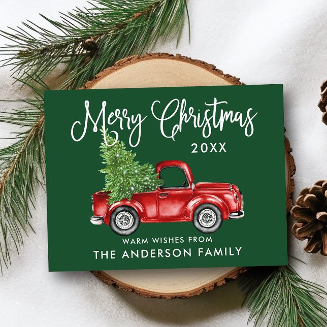 Fun Calligraphy Vintage Truck Tree Christmas Green Postcard (Customize to change your personalized text size or text style.)