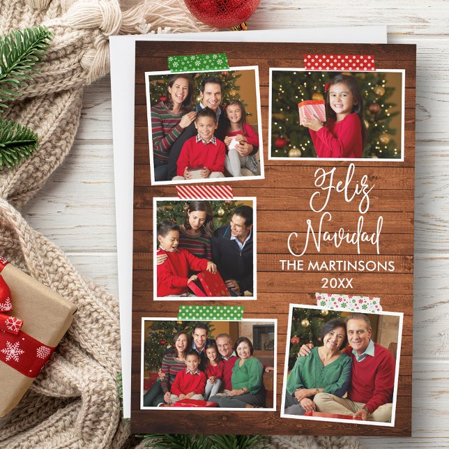 Fun Calligraphy Wood Feliz Navidad Craft Tape Holiday Card (Customize to add text to back of card.)