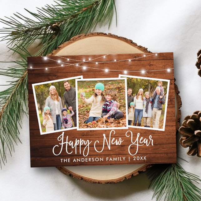 Fun Calligraphy Wood Lights 3 Photo Happy New Year Postcard (Customize to change your personalized text size or text style.)