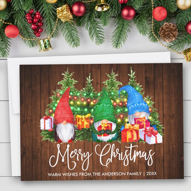 Fun Calligraphy Wood Merry Christmas Gnomes Holiday Card (Customize to add text to back of card.)
