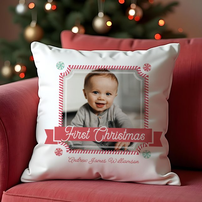 Fun Candy First Christmas Candy Cane Photo Frame Cushion (Fun Candy First Christmas Candy Cane Photo Frame Throw Pillow)