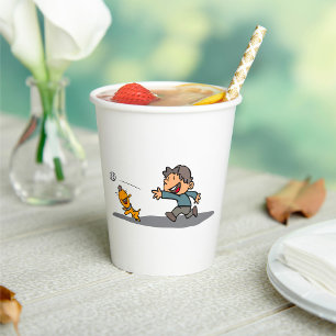 Fun Cartoon Boy and Dog Playing Fetch  Paper Cups