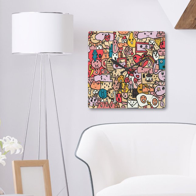Fun Cartoon Caracter Hand Drawn Toss Pattern Kids  Square Wall Clock (Creator Uploaded)