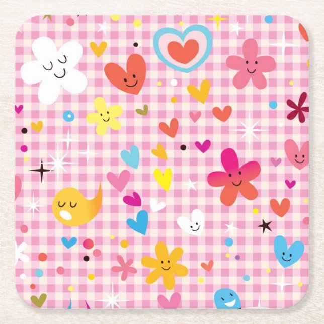 fun cartoon pattern pink square paper coaster (Front)