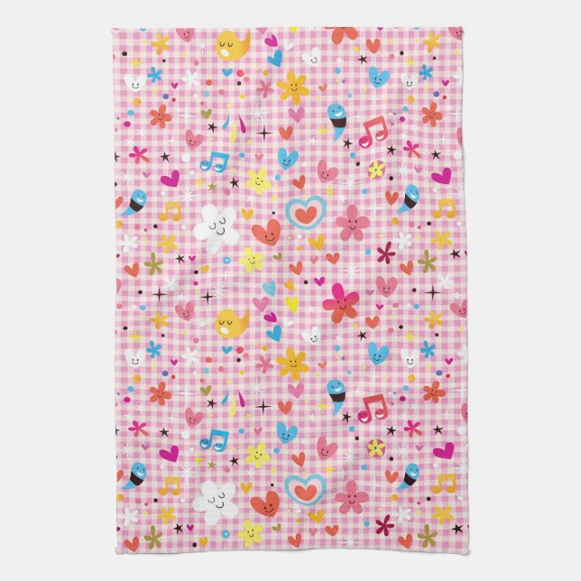 fun cartoon pattern pink tea towel (Vertical)