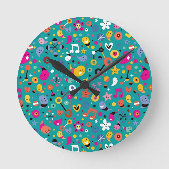 fun cartoon pattern teal round clock (Front)