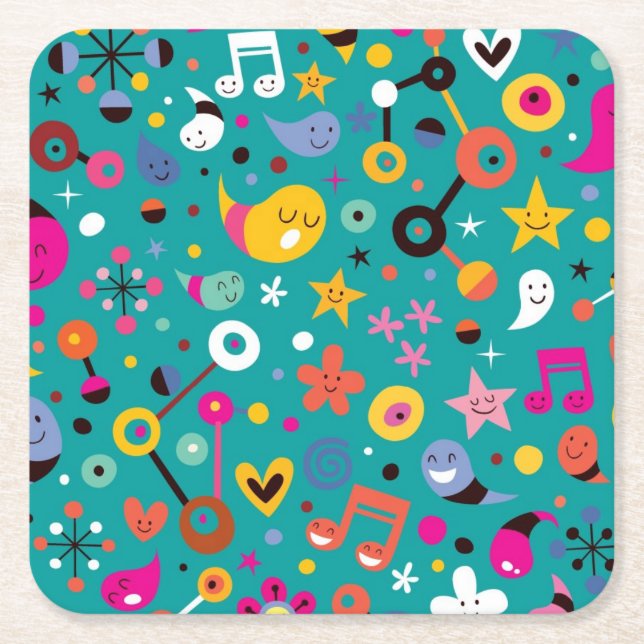 fun cartoon pattern teal square paper coaster (Front)