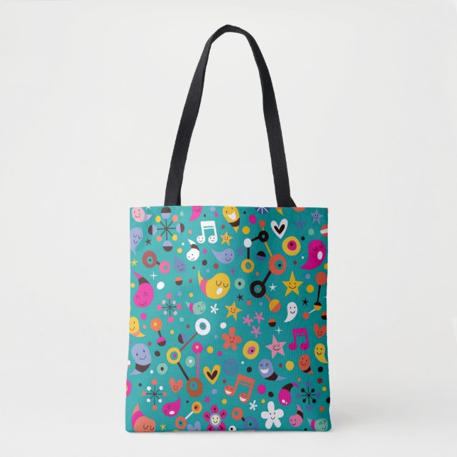 fun cartoon pattern teal tote bag (Front)