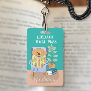 Fun Cartoon Reading Dog Library Hall Pass Badge ID Badge