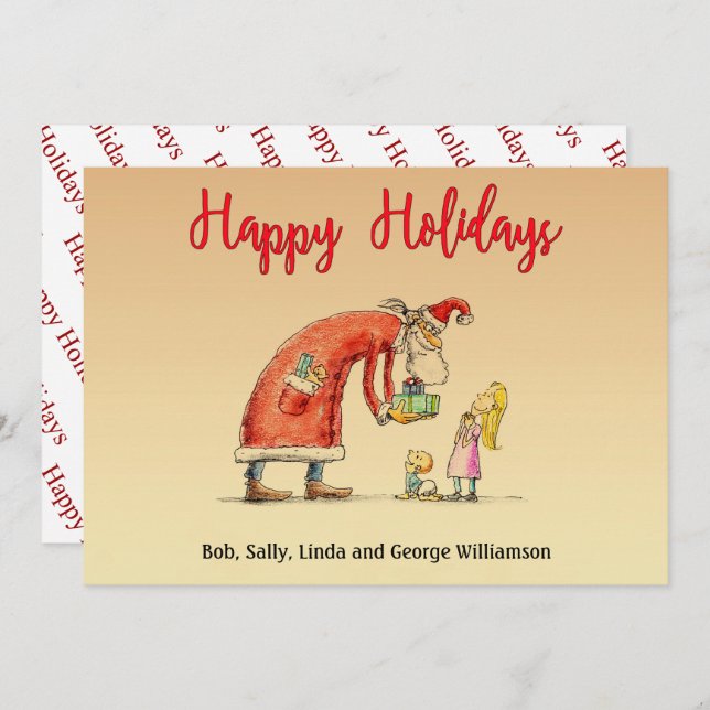Fun Cartoon Santa Delivers Gifts Happy Holidays Holiday Card (Front/Back)
