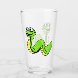 Fun Cartoon Snake Bright Green Yellow Smiling Glass
