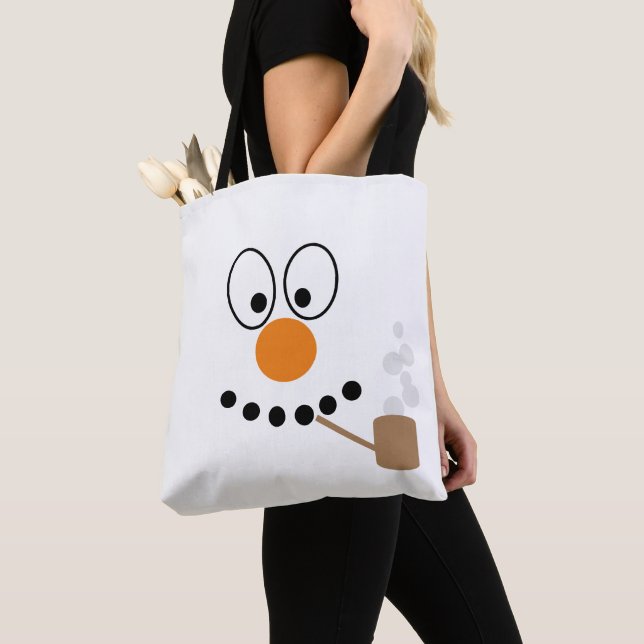 Fun Cartoon Snowman Face Christmas Tote Bag (Close Up)