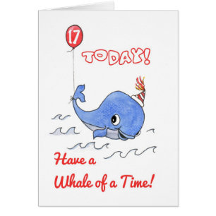 Fun Cartoon Whale and Balloon 17th Birthday Card