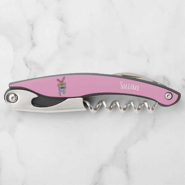 Fun Cartoon White Bunny in Black Bow Tie Pink Corkscrew (Front)
