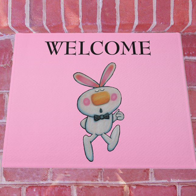 Fun Cartoon White Bunny Thumbs Up Sign Bow Tie Doormat (Cartoon white bunny rabbit pink ears cheeks orange nose thumbs up sign on pink outdoor welcome mat.)