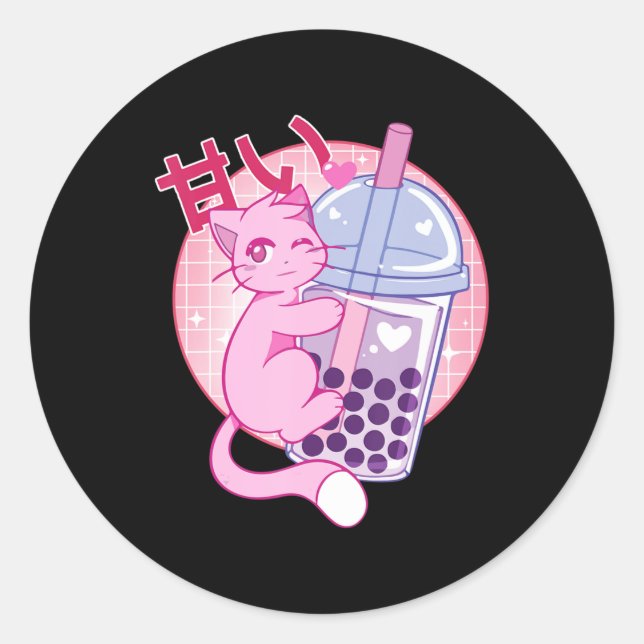 Fun Cat Boba Tea Bubble Tea Anime Kawaii Gift Girl Classic Round Sticker (Front)