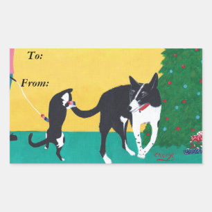 Fun Cat Dog Playing Christmas Tree To From Sticker