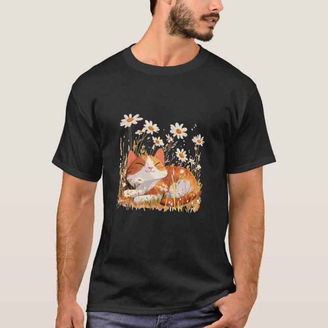 Fun Cat in Flower Meadow for Daisies and Flowers L T-Shirt (Front)