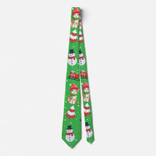 Fun cat kitty Santa animal snowman Sled Xmas tree Tie