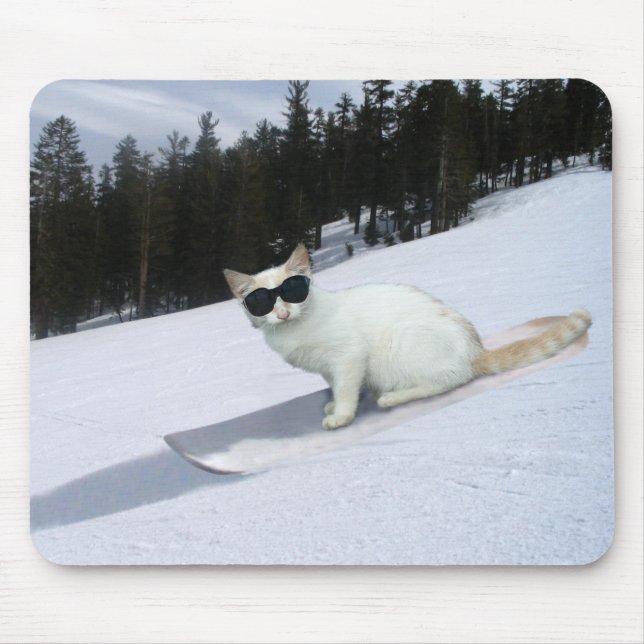 Fun Cat on a Snowboard Mousepad (Front)