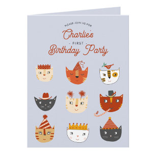 Fun Cat Personalised 1st Birthday Party Invitation