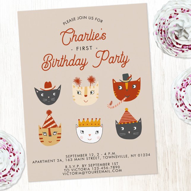 Fun Cat Personalised 1st Birthday Party Invitation Postcard (Fun kitty cat first birthday party invitation postcard for animal lovers)