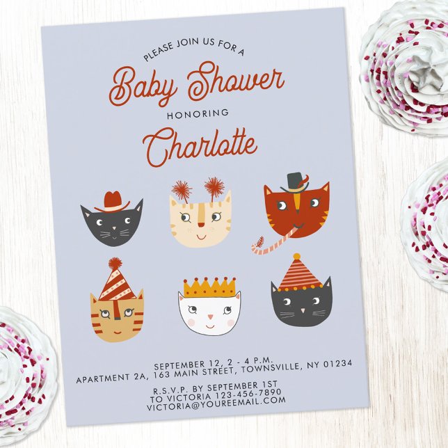 Fun Cat Personalised Baby Shower Invitation Postcard (Cute kitty cat personalized gender neutral girl or boy baby shower invitation postcard)
