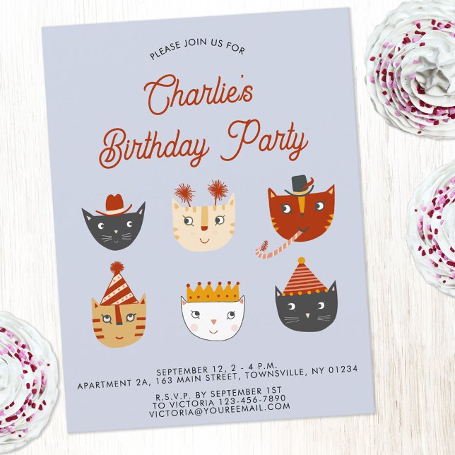 Fun Cat Personalised Birthday Party Invitation Postcard (Fun kitty cat themed birthday party invitation postcard with custom text)