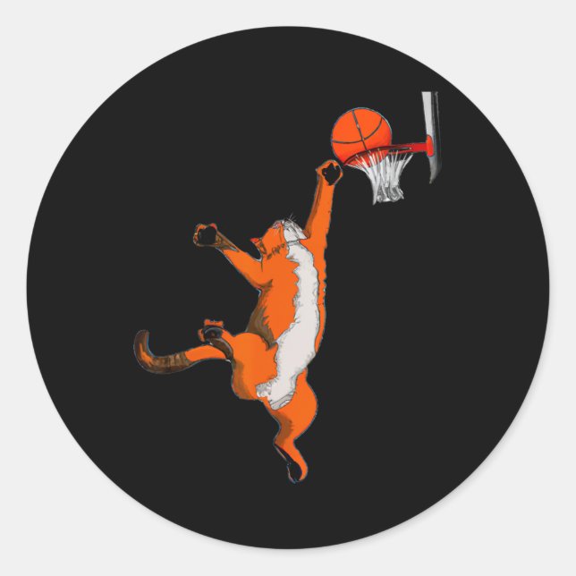 Fun Cat Playing Basketball Sports Cat Basketball L Classic Round Sticker (Front)