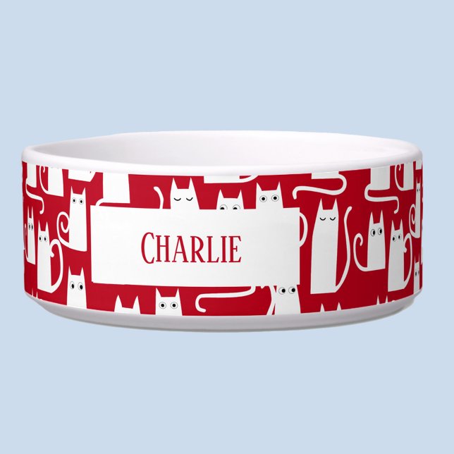 Fun Cat Red and White Personalised Bowl (Red and white personalized name cat pattern pet bowl)
