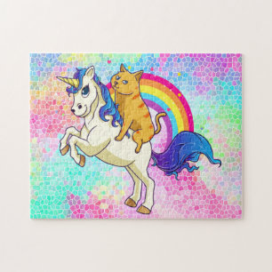Fun Cat Riding A Unicorn On A Rainbow Background Jigsaw Puzzle