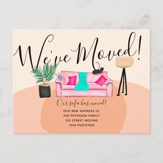 Fun cat sofa illustration moving announcement (Front)