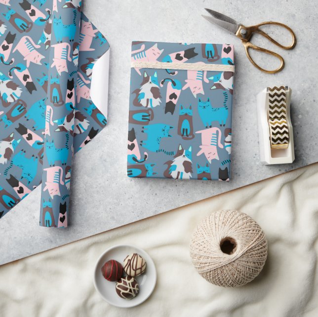 Fun Cats On Blue Wrapping Paper (Crafts)