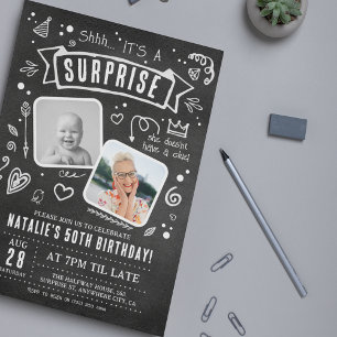 Fun Chalkboard Doodle 2 Photo Surprise Birthday Invitation