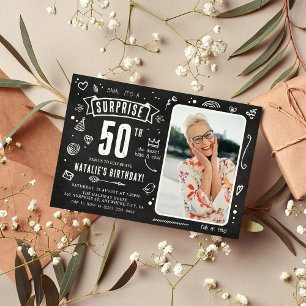 Fun Chalkboard Doodle Photo Surprise 50th Birthday Invitation