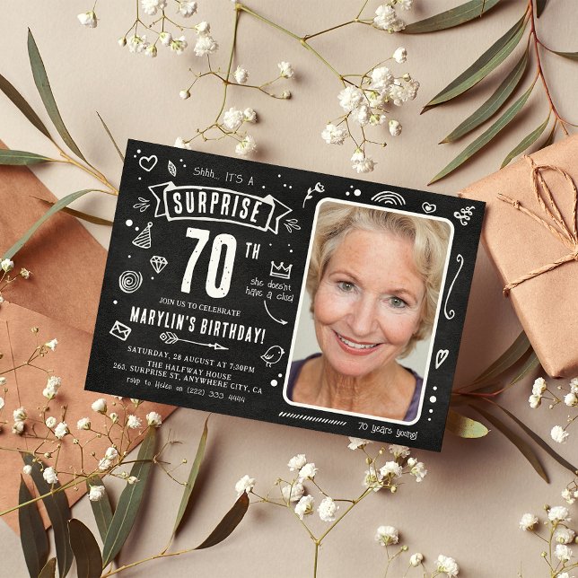 Fun Chalkboard Doodle Photo Surprise 70th Birthday Invitation (Creator Uploaded)