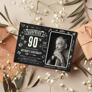 Fun Chalkboard Doodle Photo Surprise 90th Birthday Invitation