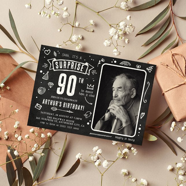 Fun Chalkboard Doodle Photo Surprise 90th Birthday Invitation (Creator Uploaded)