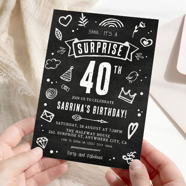 Fun Chalkboard Doodle Surprise 40th Birthday Invitation (Creator Uploaded)