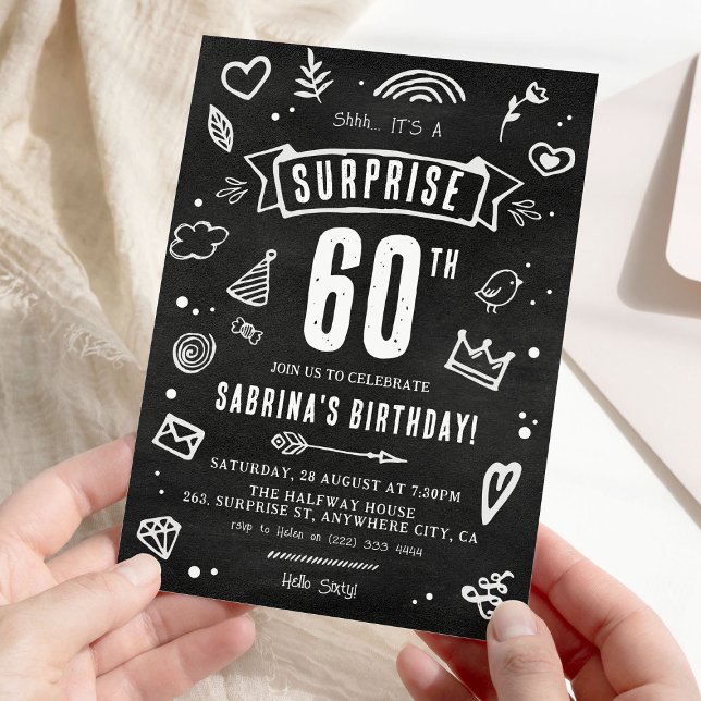 Fun Chalkboard Doodle Surprise 60th Birthday Invitation (Creator Uploaded)