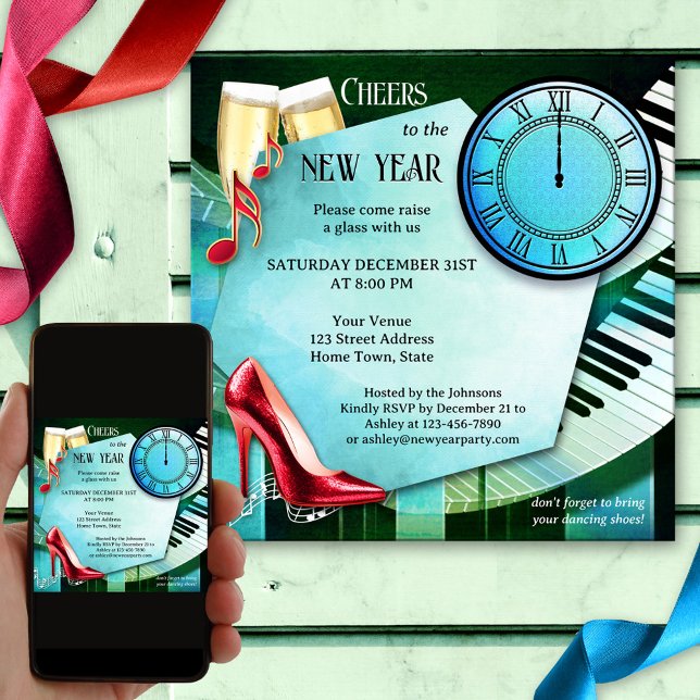 Fun Champagne Dance New Years Eve Invitation (New Year's Eve dance party invitation featuring a colorful design with a clock, champagne and music)