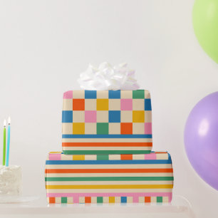 Fun Check Colourful Chequered Stripe Retro 80s 90s Wrapping Paper
