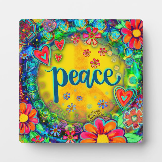 Fun Cheerful Peace Sign Hearts Flowers Easel Plaque (Front)