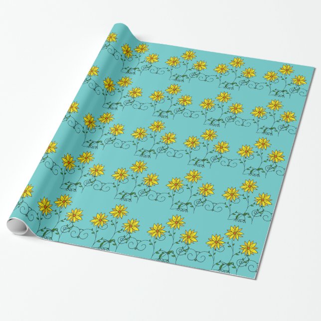 Fun Cheerful Yellow Flowers Doodle Art Wrapping Paper (Unrolled)